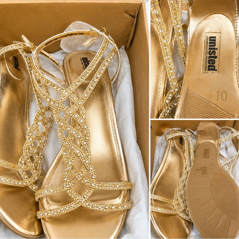 Unlisted Metallic Gold Rhinestone Braided Strappy Sandals